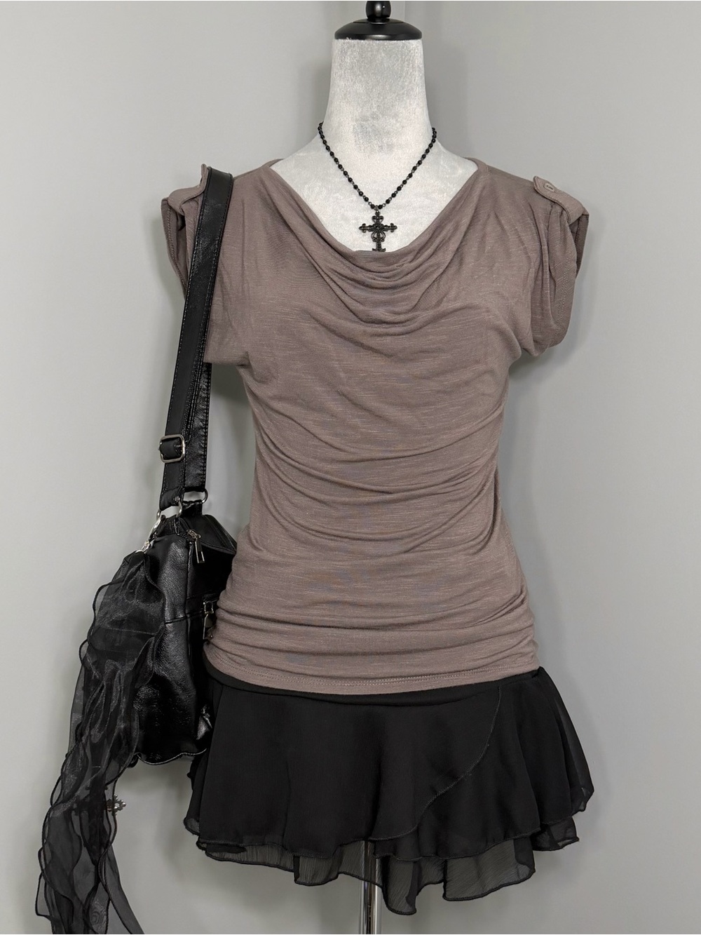 Royal Robbins Brown Cowl Neck Draped Buttoned Cap Sleeve Top